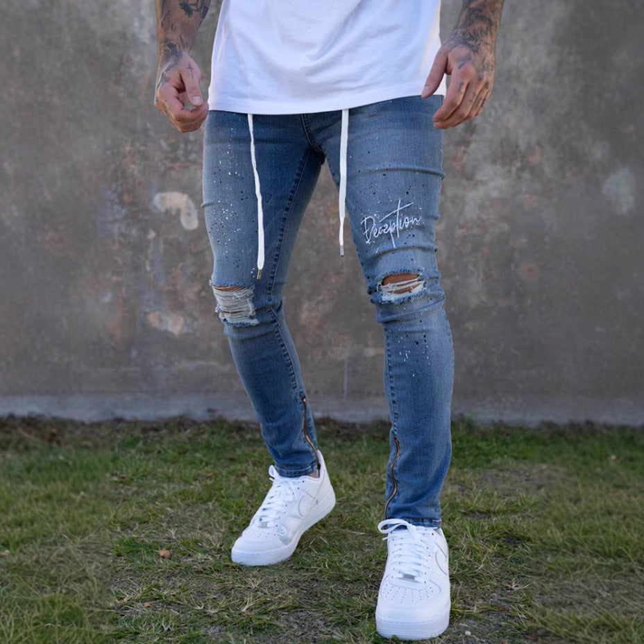 Herrer Ripped Jeans med modiske applikationer og sidelæns lynlåse Stilla