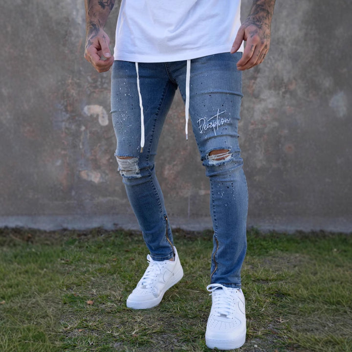 Herrer Ripped Jeans med modiske applikationer og sidelæns lynlåse Stilla