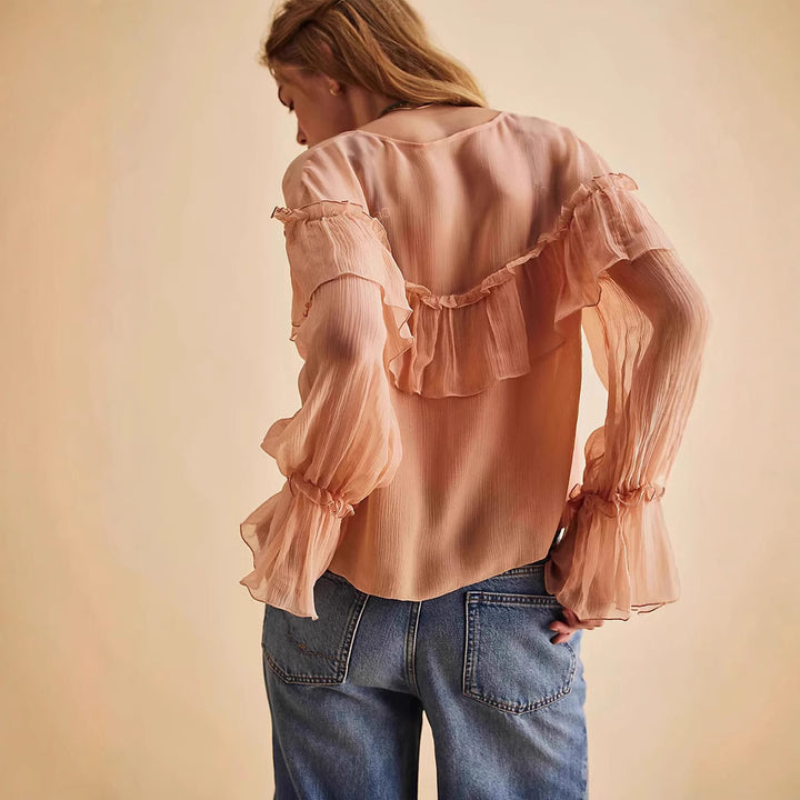 Femme Elegante Volant Bluse med Sløjfe-Detail Stilla