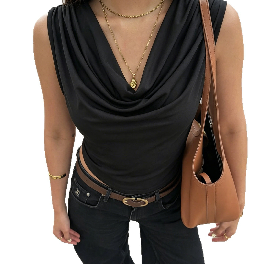Dame elegant Cowl Neck Tanktop med fine perleudsmykninger Skovae