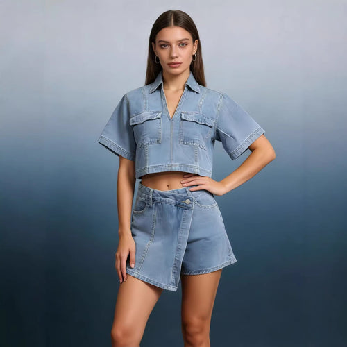 Dame stilfuld cropped skjorte med påsyede lommer og afslappede shorts Skovae