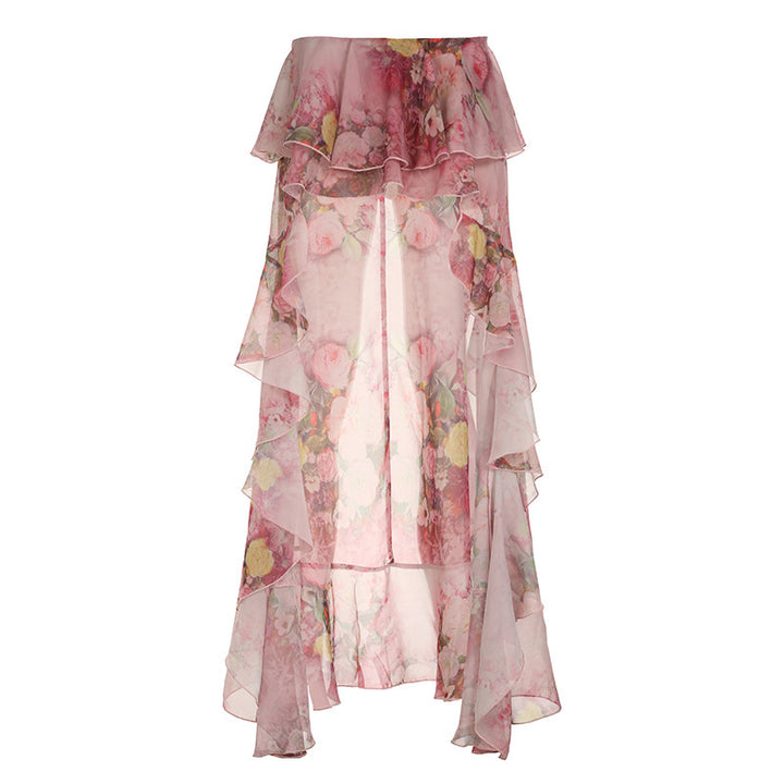 Dame floral asymmetrisk nederdel med flæse detaljer Skovae