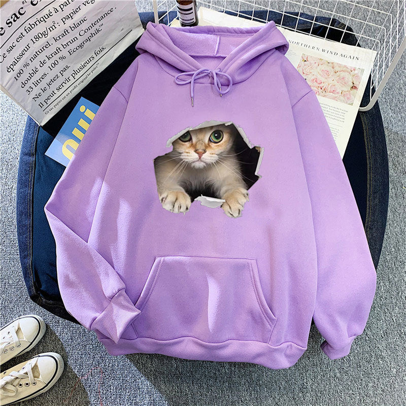 Kvinders hættetrøje med unikt kat design Skovae