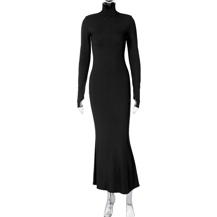 Dame Elegante Langærmet Maxi Kjole med Høj Krave og Figurtilpasset Snit Stilla