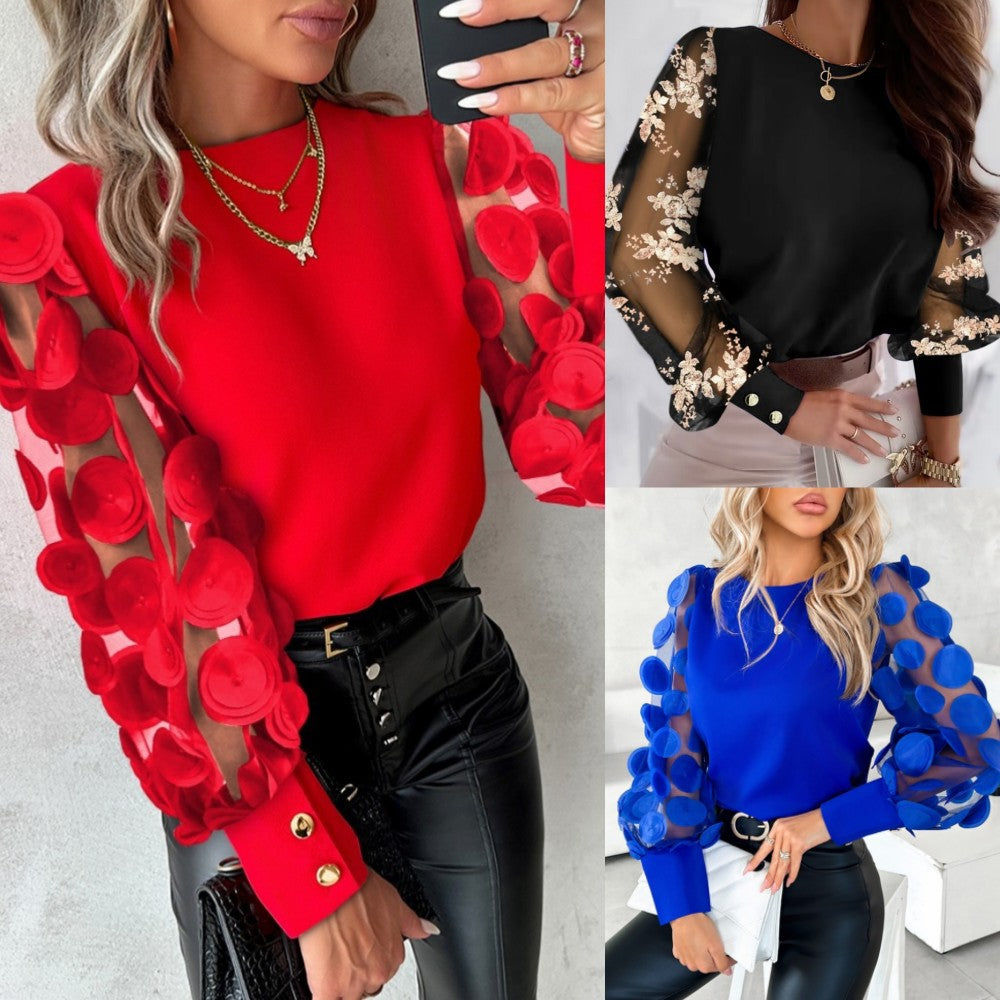 Dame Elegant Bluse med gennemsigtige ærmer og Pompoms Stilla