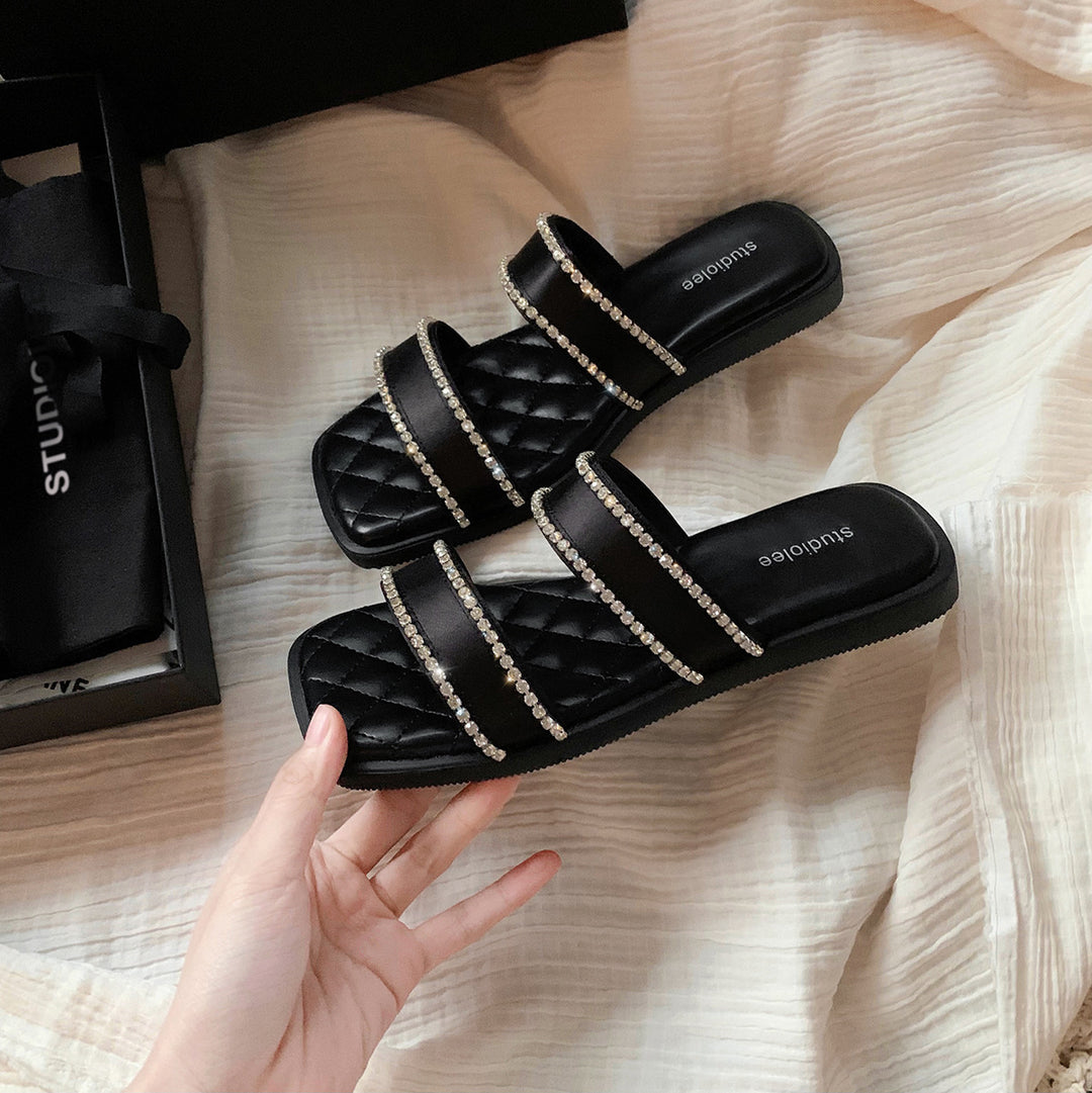 Dame quiltede Slide-sandaler med strassaccent Stilla