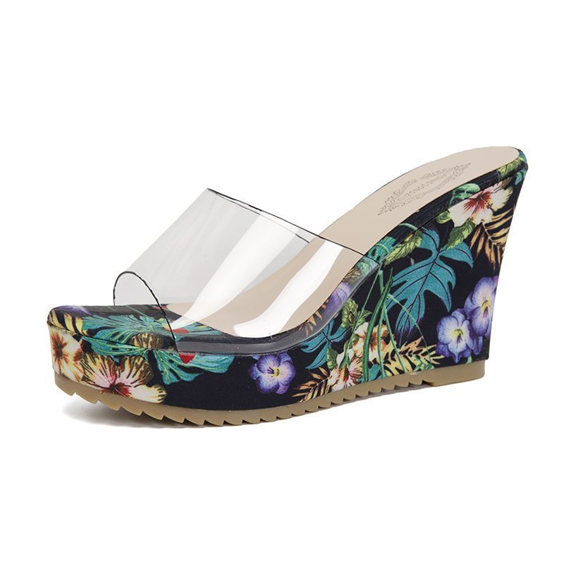 Dame højhælede wedge-sandaler med gennemsigtig remføring og blomsteragtige accenter Stilla