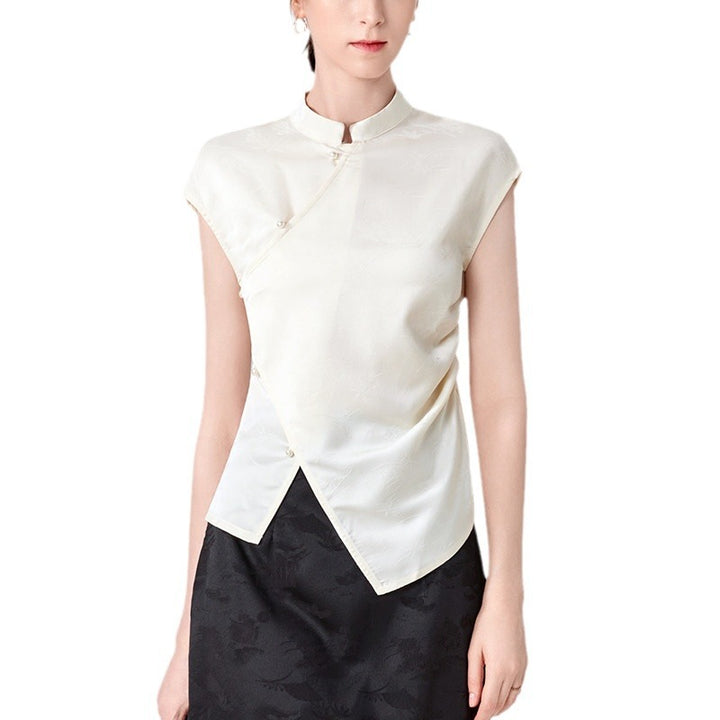 Dame Elegant Silke bluse i stilfuld Kinesisk snit med delikate knapdetaljer Stilla