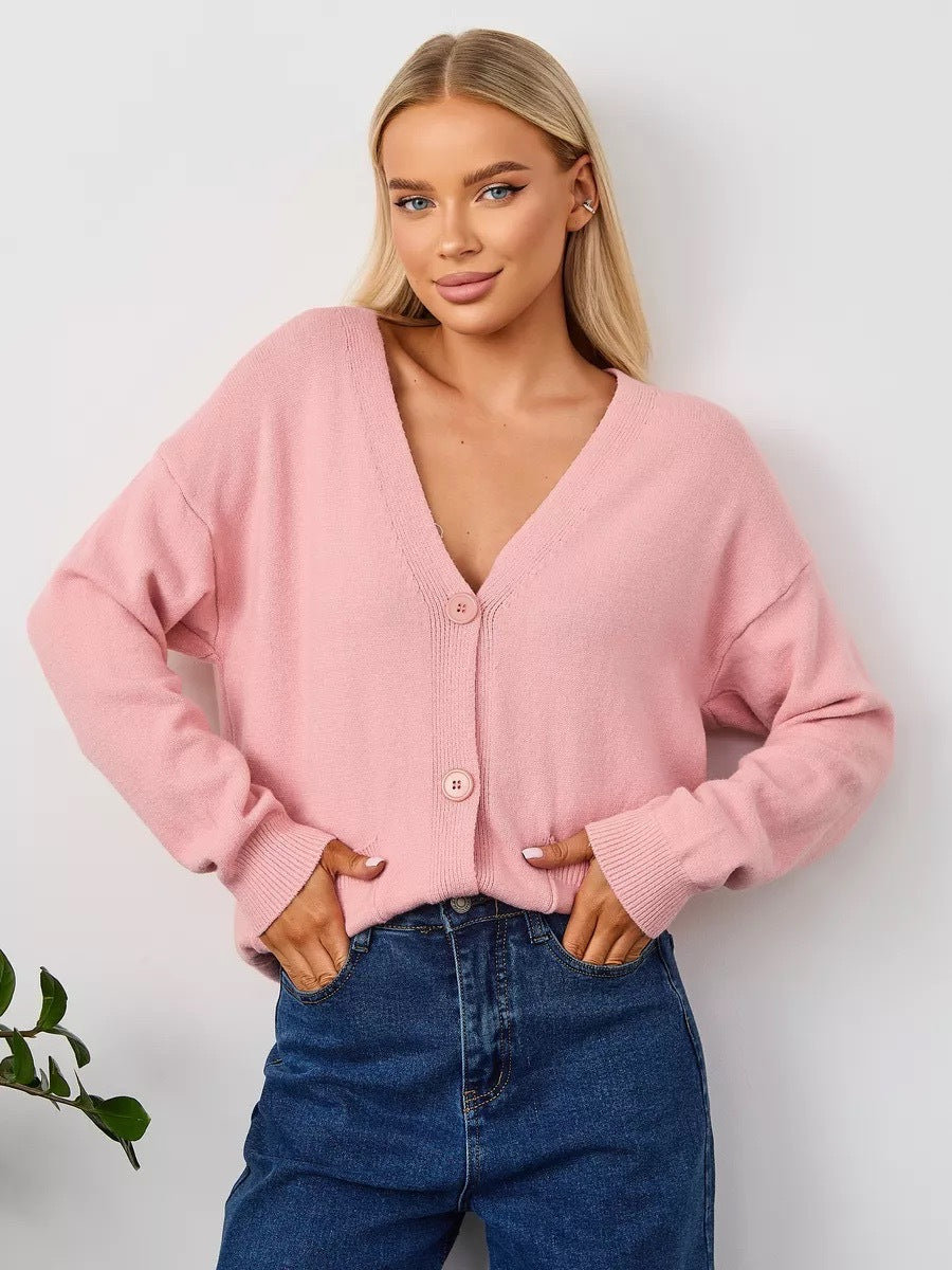 Dame Oversized V-Udskæring Knap-Cardigan med Lommer Stilla
