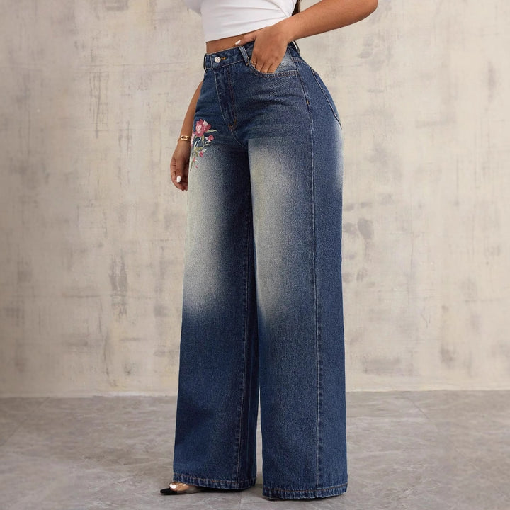 Kvinders brede denim jeans med blomsterbroderi Stilla