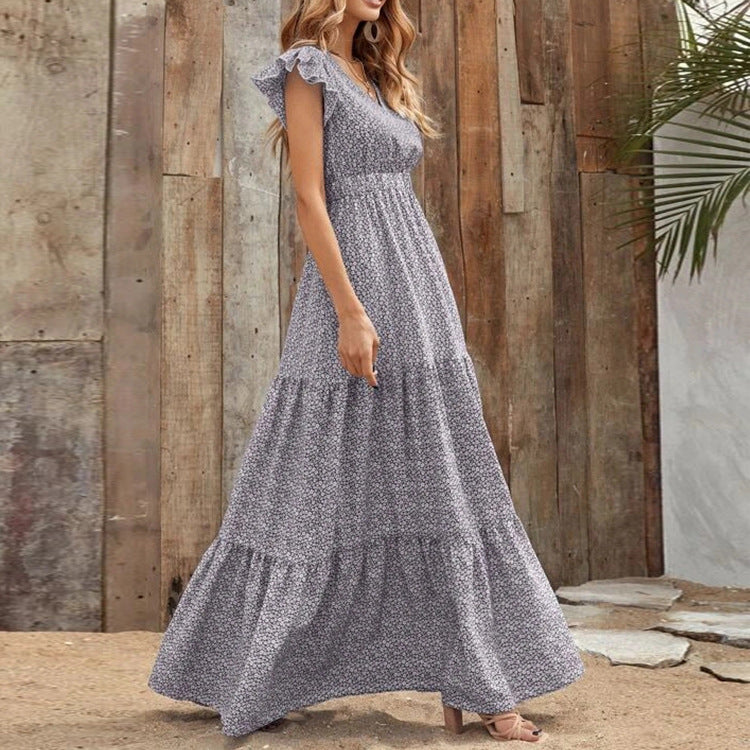 Stilla | Ruffle Sleeve Høj Talje V-hals Maxi Kjole