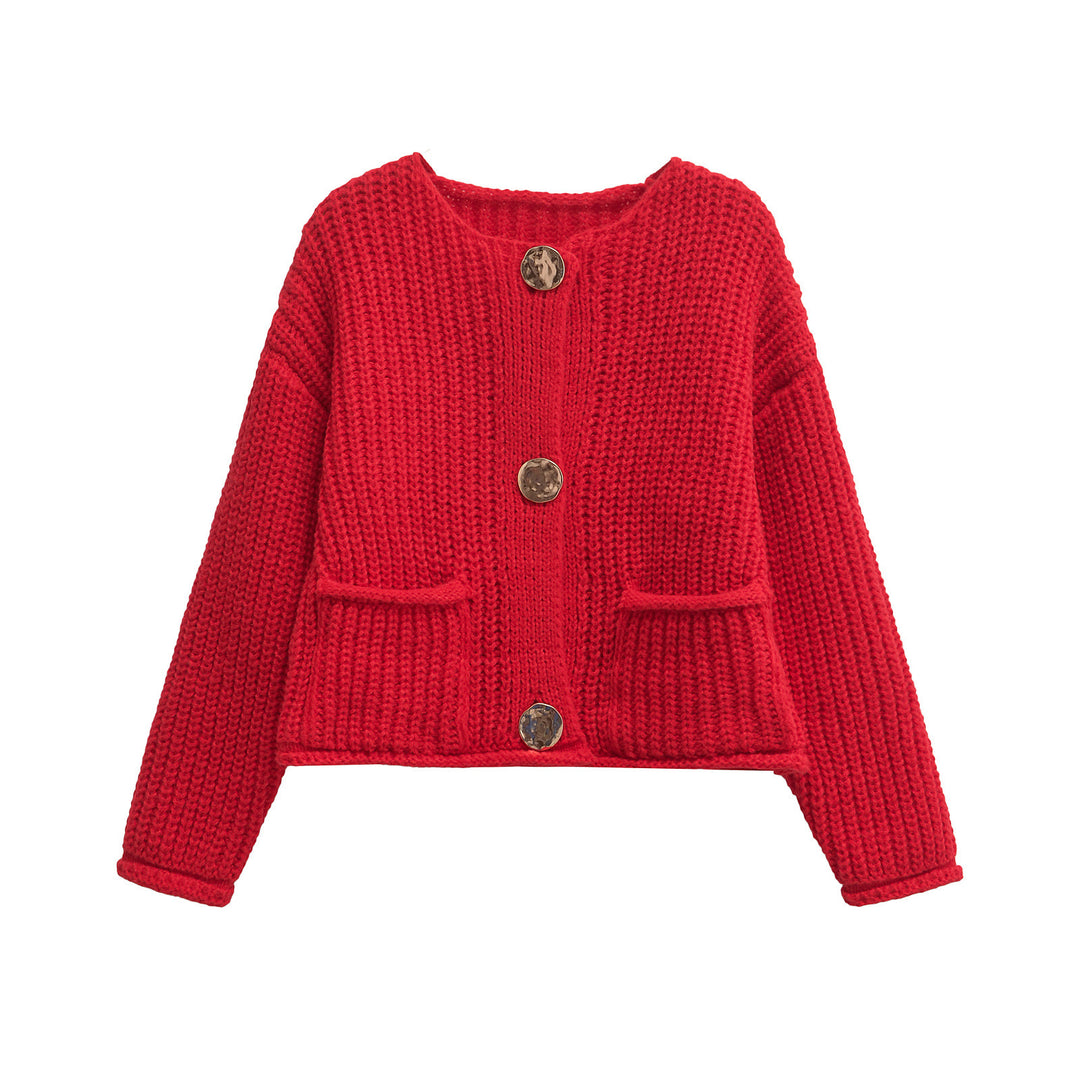Dame strikjakke med dekorative knapper og rummelige lommer Stilla