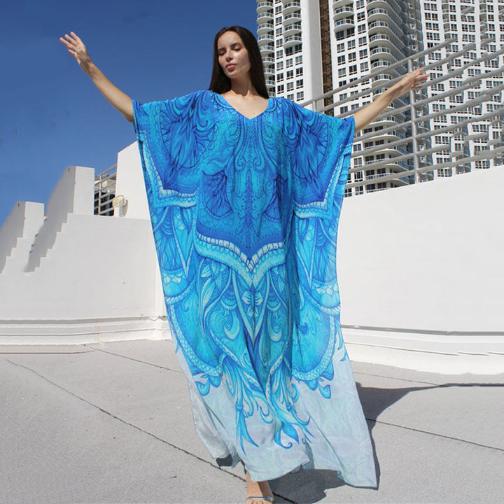 Dame Strandkaftan med kunstnerisktryk og flydende snit Stilla