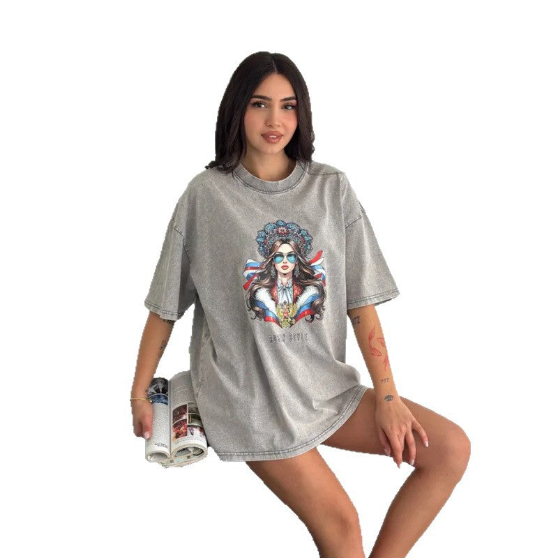 Dame T-shirt med kunstnerisk vintage grafiktryk Stilla