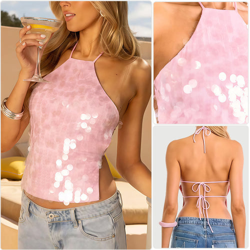 Dame glamour glitrende top med asymmetrisk halter design
