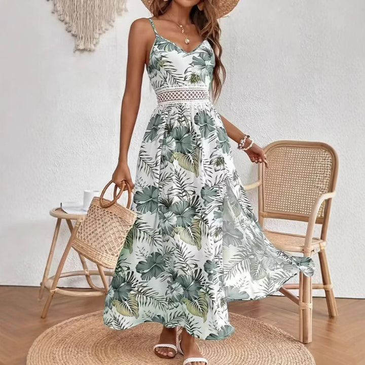 Dame Maxikjole med elegante sidespring og florale motiver Stilla