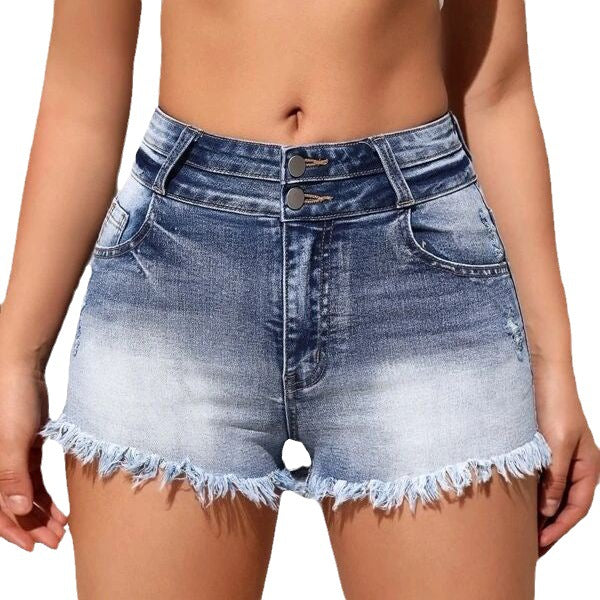 Dame denim-shorts med høj talje og frynset kant Stilla