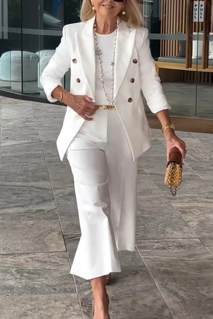 Damer Elegant Blazer- og Bukser-Sæt med dobbelt knaplukning og bredt ben Stilla