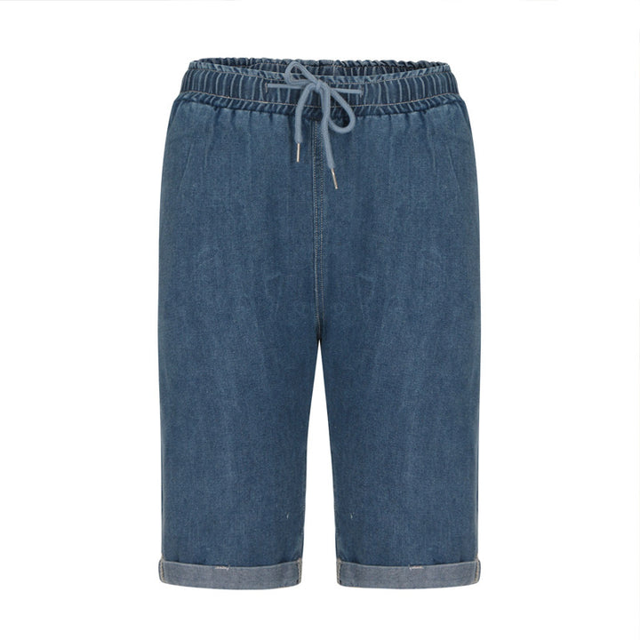 Dame Denim-Bermudaer med justerbar snor og opfoldet kant Stilla