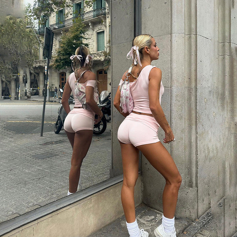 Dame Off-Shoulder Cropped Top og High-Waisted Shorts Sæt Stilla