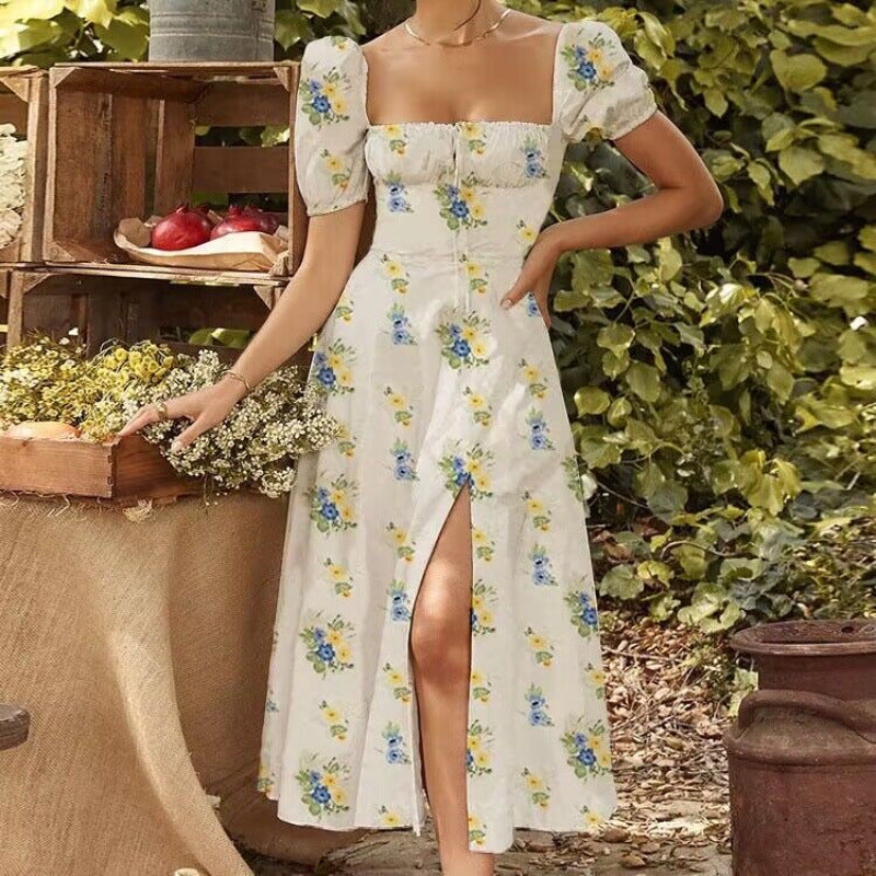 Femme Floral Print Bohemian Maxi Kjole med Sideslids Stilla