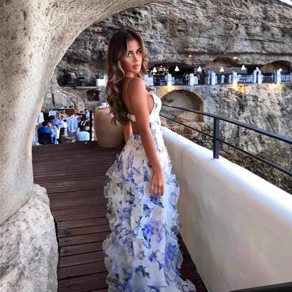 Dame maxikjole med elegante volangdetaljer og blomstret design Stilla