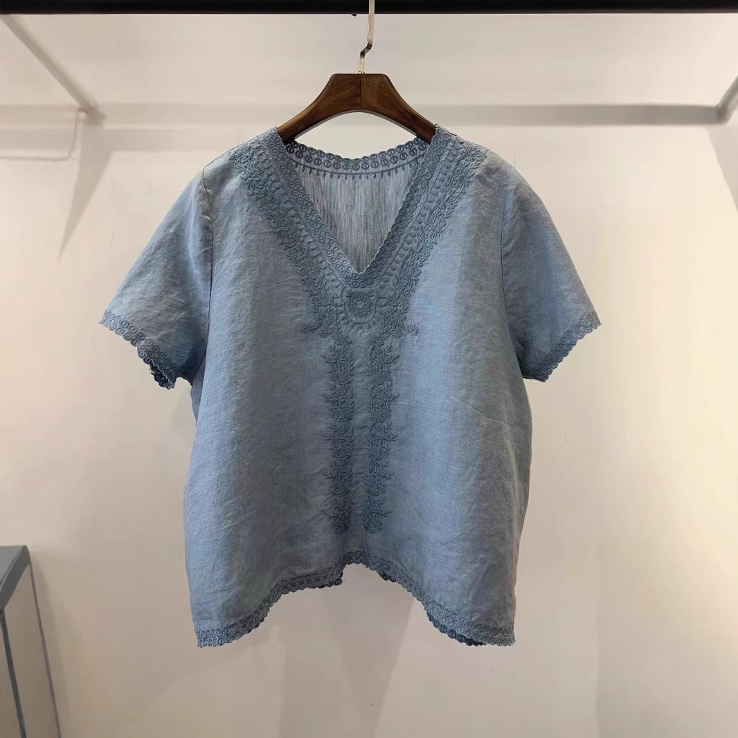 Femme Broderet V-Hals Bomuldsbluse Stilla