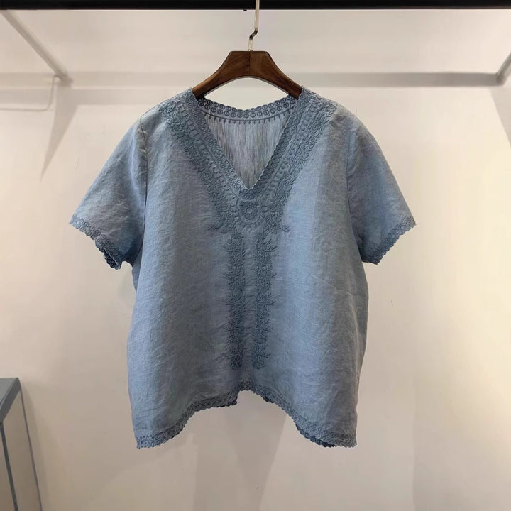 Femme Broderet V-Hals Bomuldsbluse Stilla