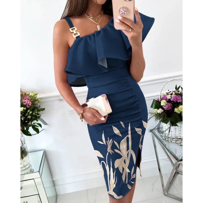 Femme Elegante Rynke En-Skulder Kjole Stilla