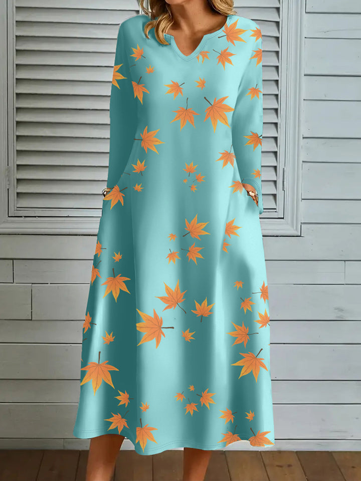 Dame Elegante Maxikjole med efterårsblade motiver og V-udskæring Stilla