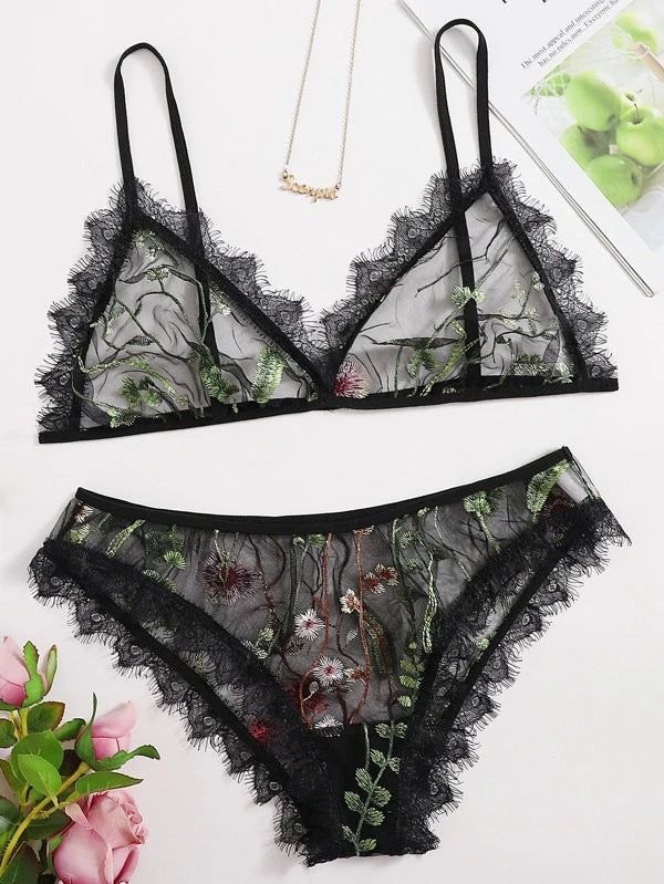 Dame Spids Blomster Bralette og Trusse Sæt Stilla