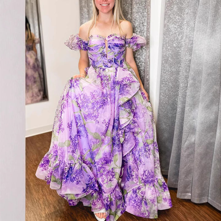 Dame Maxikjole med flydende chiffon og legende flæser Stilla