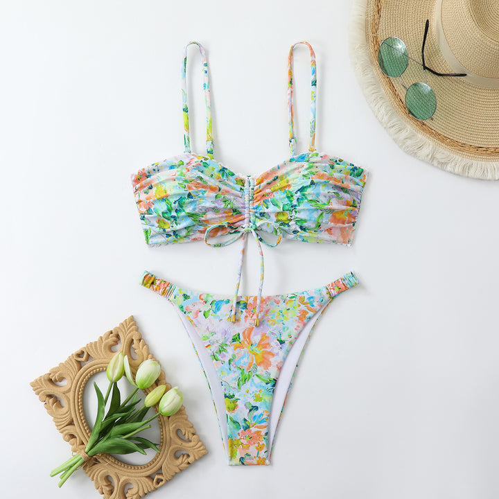 Dame-Bikini-sæt med rynkning og romantisk blomsterdesign Skovae