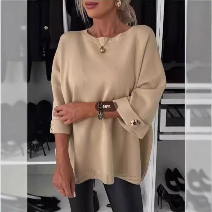 Kvinder Elegant Strik Sweater med Bred Skæring Ærmer og Knap Detaljer Stilla