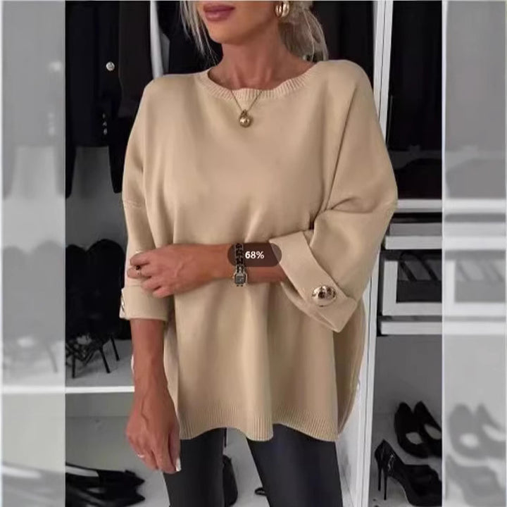 Kvinder Elegant Strik Sweater med Bred Skæring Ærmer og Knap Detaljer Stilla