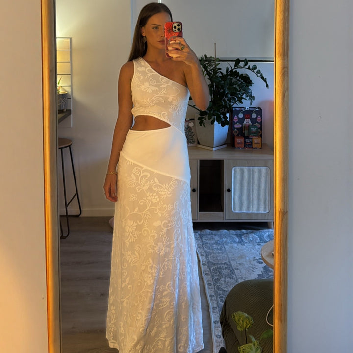 Damer Elegant Maxikjole med asymmetrisk snit og floral spidssyning Skovae