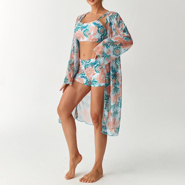 Dame bikini sæt med elegant crop-top og gennemsigtig strandkimono Skovae
