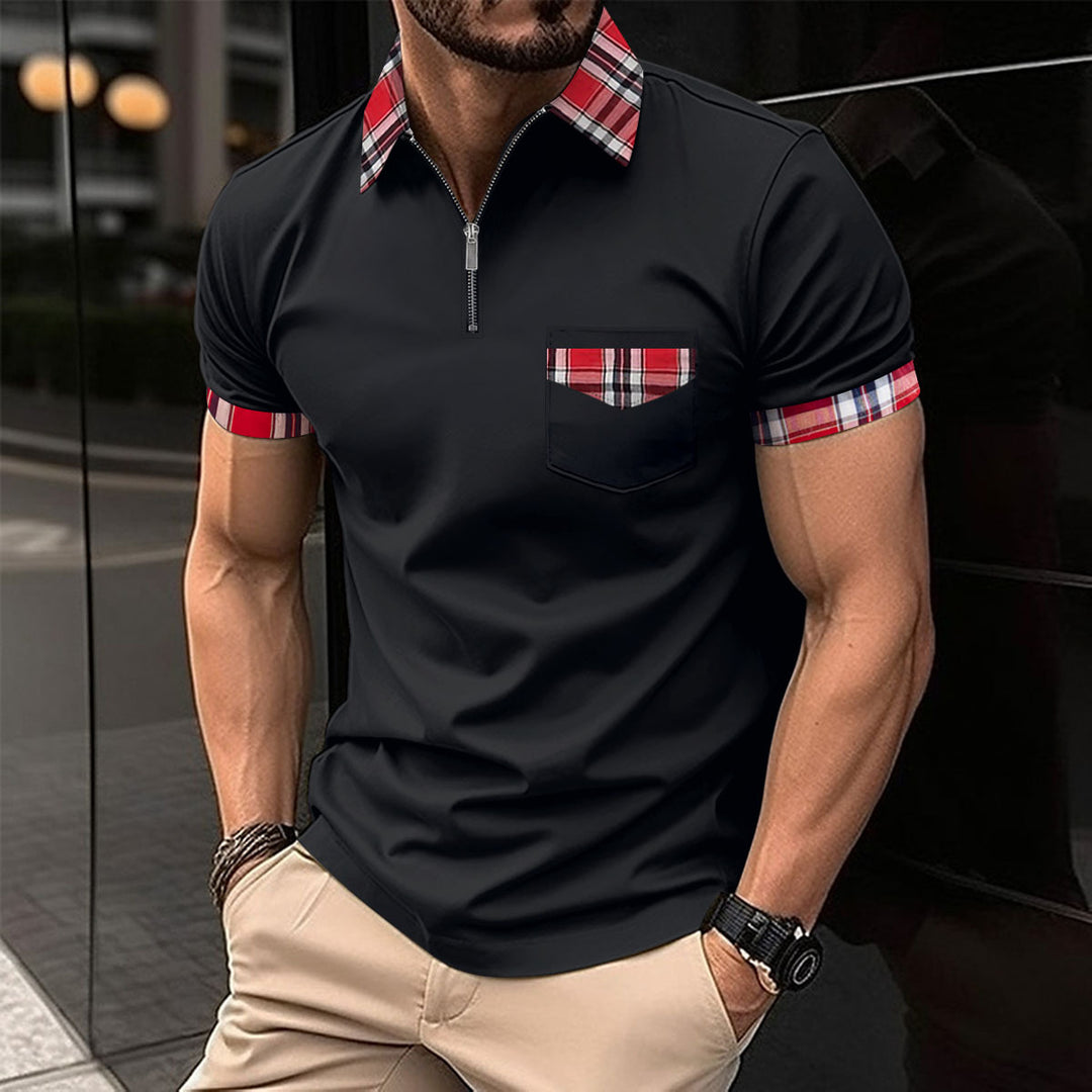 Herre Moderne Halv-Zip Polo T-Shirt med ternet Detalje Stilla