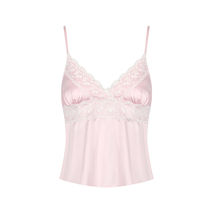 Dame Nøgen-Satin Top med delikat spidsindsats og justerbare stropper Skovae