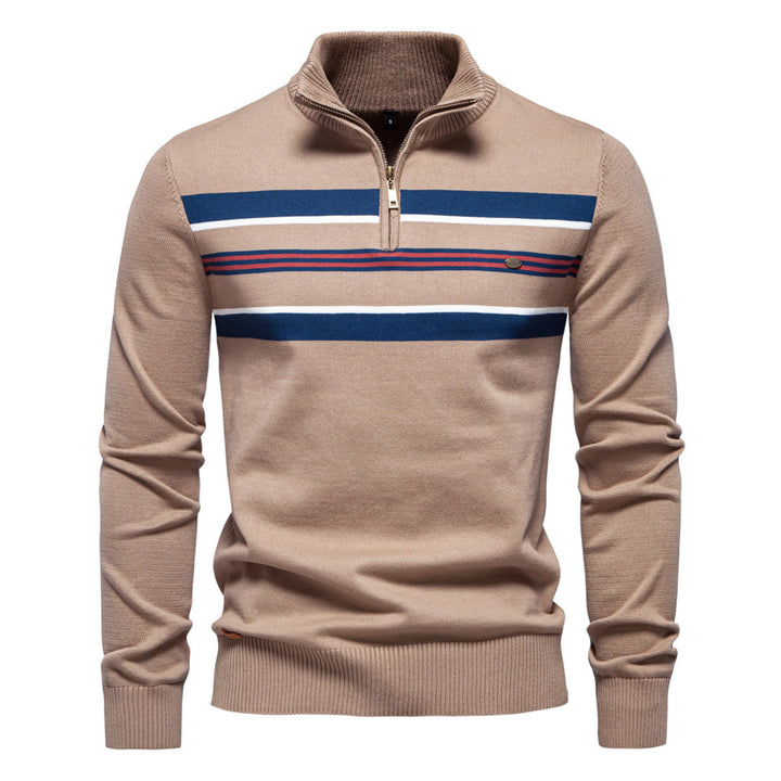 Herre sweater med ståkrave og sporty stribemønster Stilla