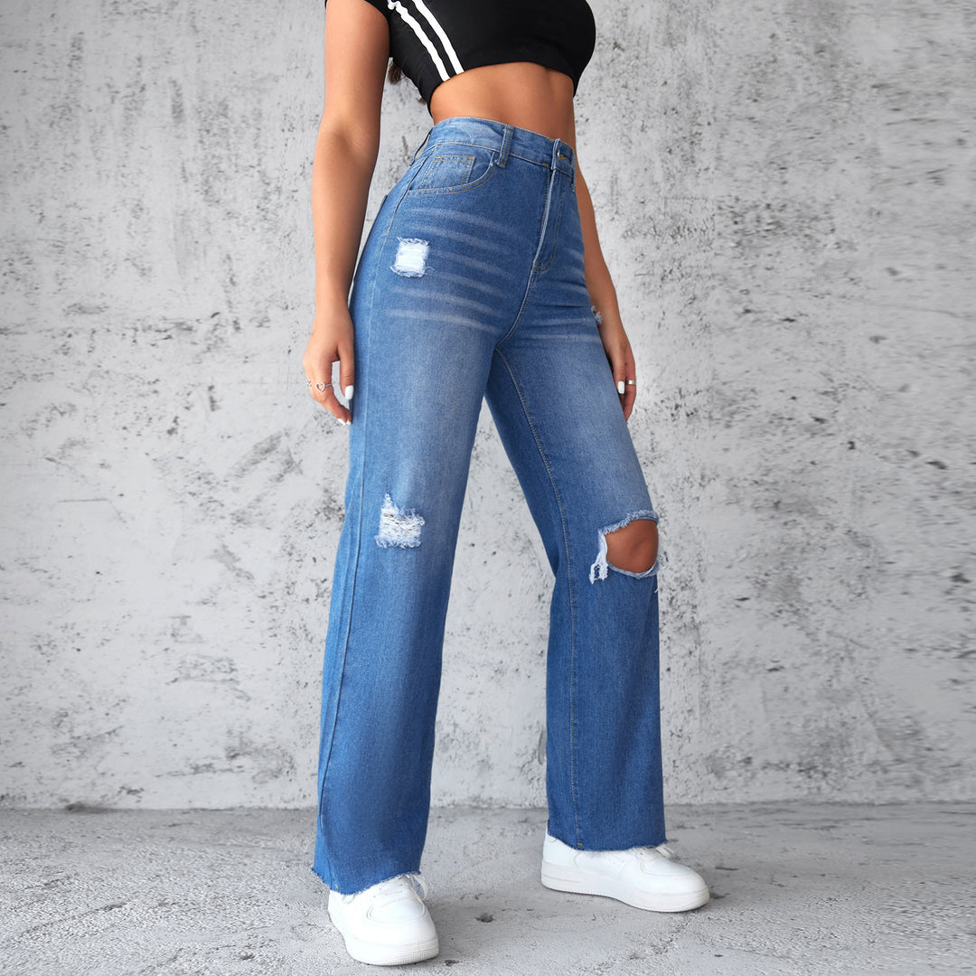 Dame High-Waist jeans med bred ben og ripped-detaljer Stilla