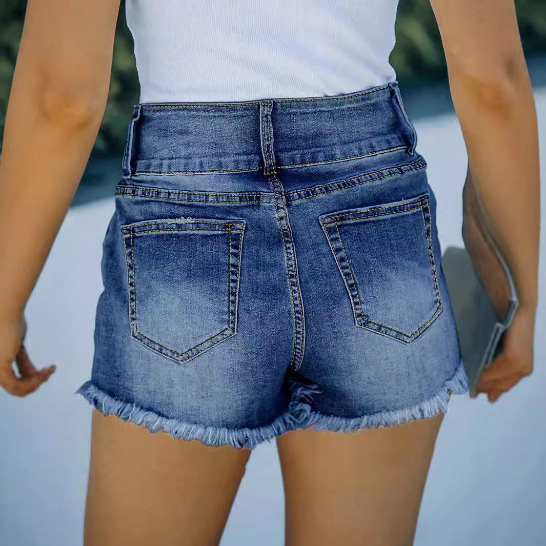 Dame høj talje destroyed jeansshorts med fransede kanter og praktiske lommer Stilla