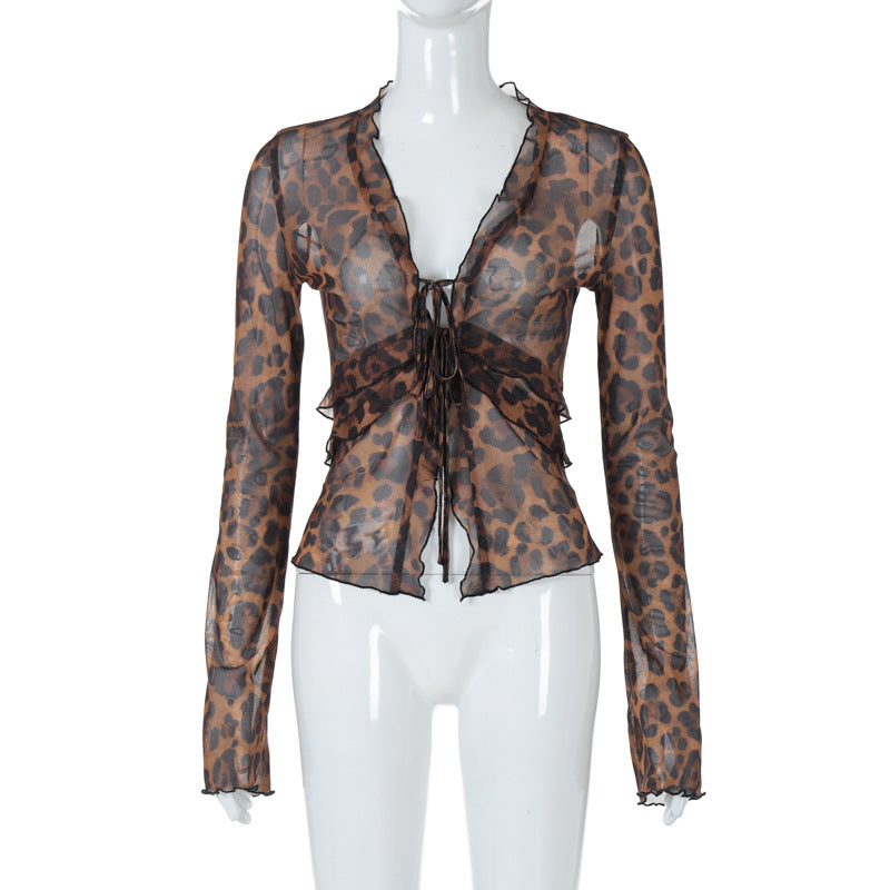 Dame let transparent top med leopardmønster Skovae