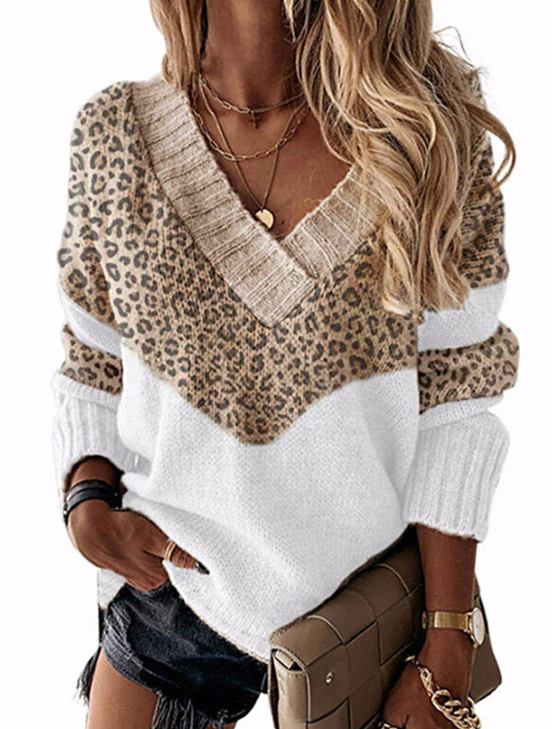 Dame moderigtig V-udskæring pullover med leopardmønster Stilla