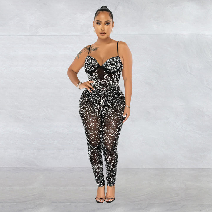 Dame Couture Jumpsuit med strassdekorationer og transparente indsatser Stilla