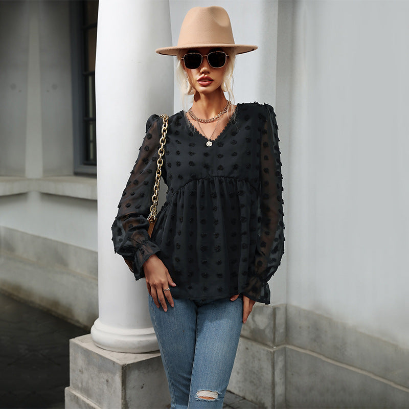 Dame elegant Puffærme bluse med struktureret prikkemønster Stilla