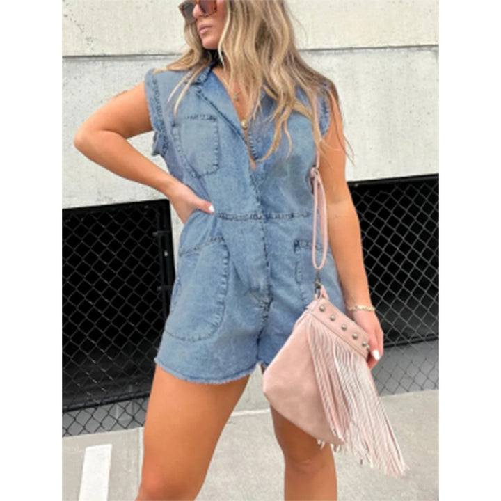 Dame trendy Jeans-overall med lommer og kortærmet Stilla