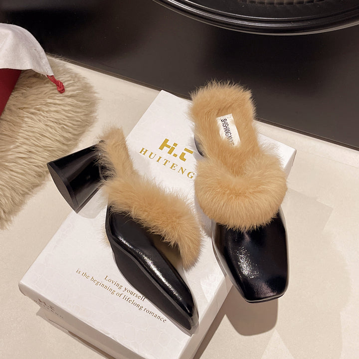 Dame Elegante Kunstpelz Åbne Tå Mules Stilla