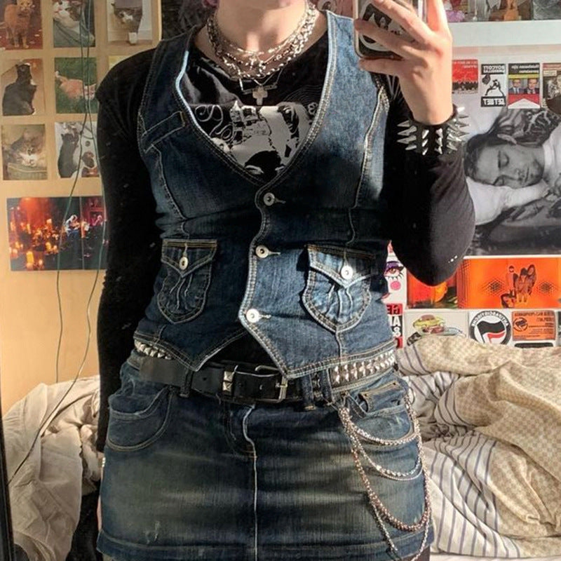Dame Denim-korset med spidsdetaljer og unik snit Stilla