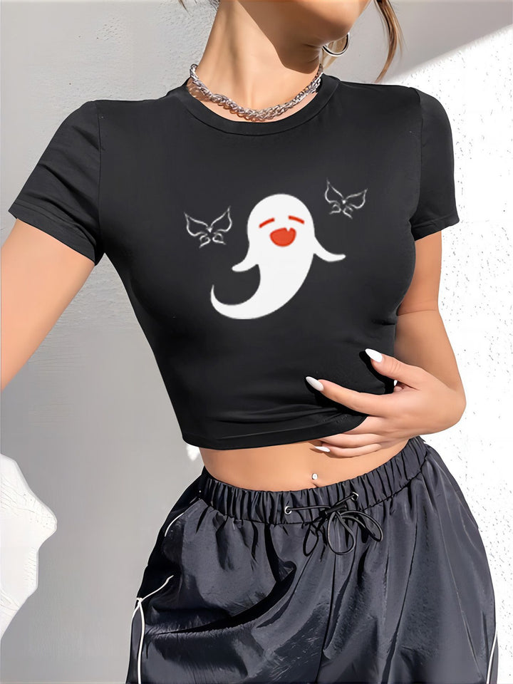 Dame cropped T-shirt med eksklusivt hestemotiv og figurtilpasset snit Skovae